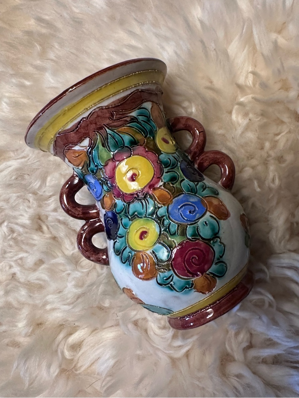 Vintage Italian Majolica Ceramic Double Handle Sgraffito Floral Vase 7/2436